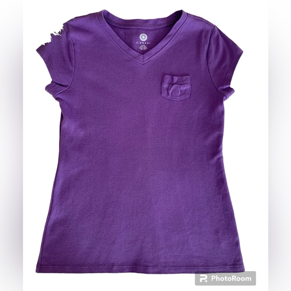 J. Khaki T Shirt Girls L Purple V Neck Top Chest Pocket Short Cap Sleeves Cotton
